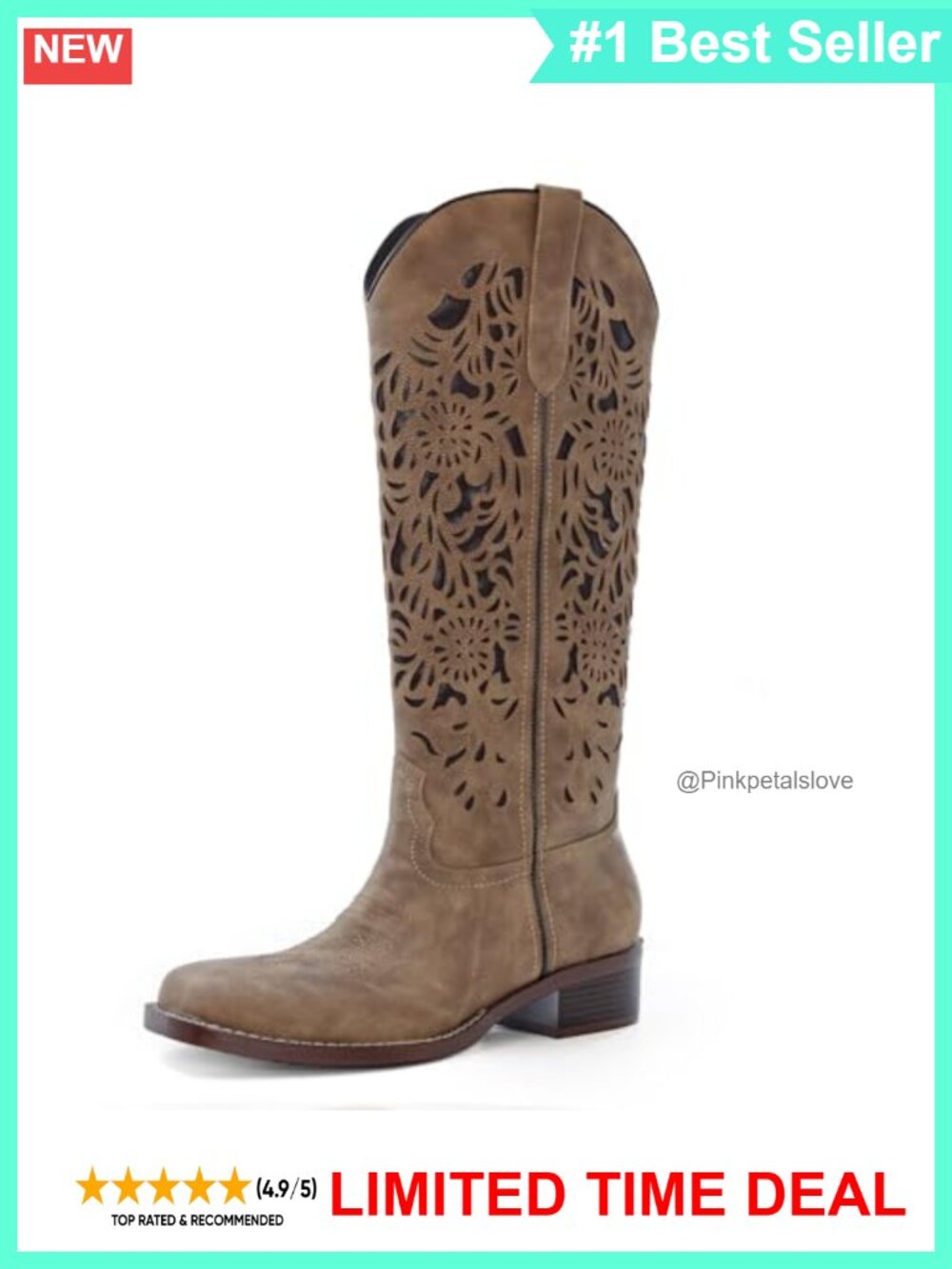 Womens Cowboy Boots Cut Out Floral Embroidered Knee-High Western Boots Low